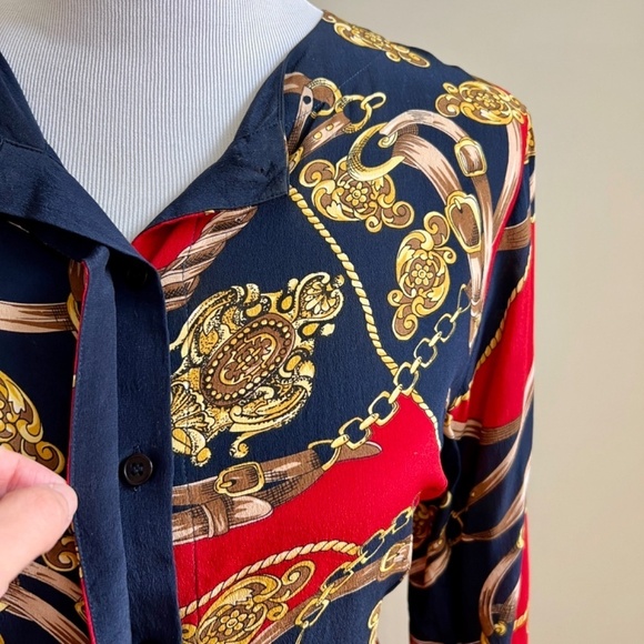 Vintage Stephanie Andrews 100% Silk Equestrian Navy Red Button Down Blouse Shirt - Picture 3 of 16
